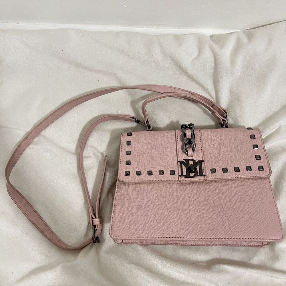 Badgley Mischka Crossbody Bag Womens Pink Studded Chain Flap Purse Vegan Leather